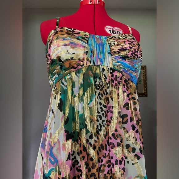 VTG Oleg Cassini NWT Leopard Floral Metallic Empire Waist Maxi Sundress - Picture 8 of 16